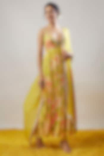 Yellow Chiffon Floral Printed & Embroidered Anarkali Set by GOPI VAID at Pernia's Pop Up Shop