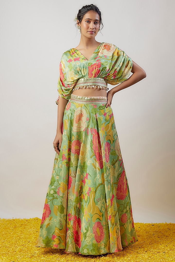 Mint Green Satin Floral Printed Wedding Lehenga Set by GOPI VAID at Pernia's Pop Up Shop