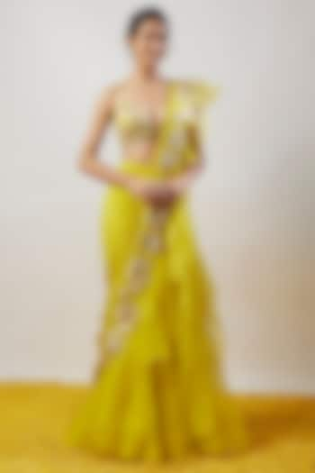 Yellow Chiffon Ruffled Saree Set by GOPI VAID at Pernia's Pop Up Shop