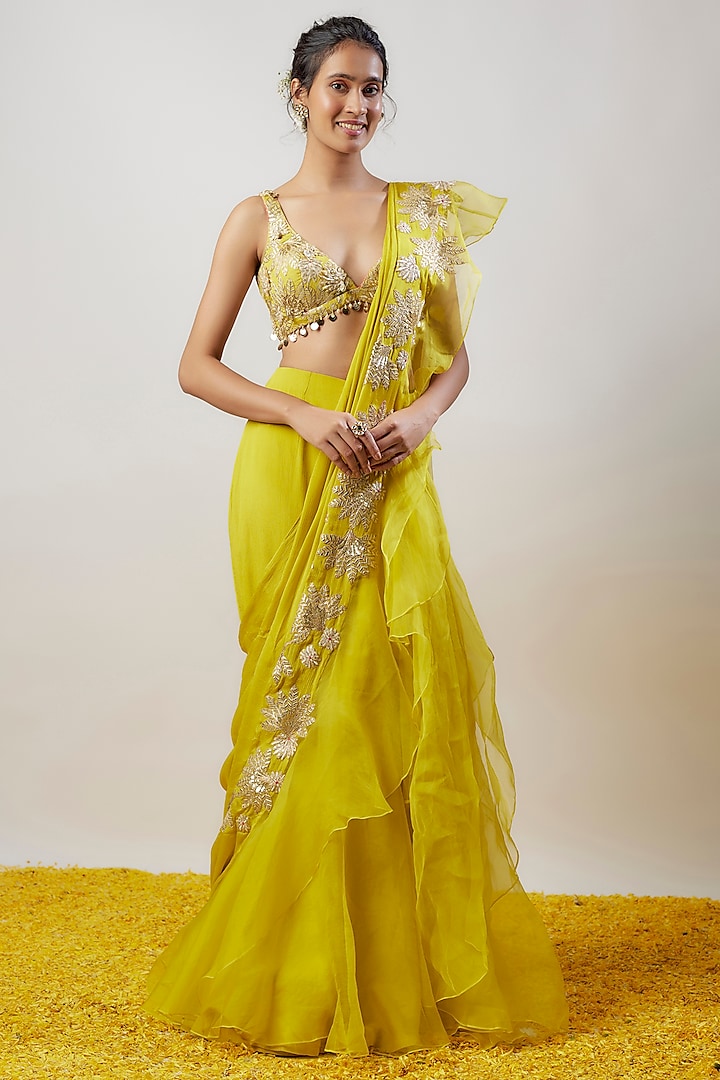 Yellow Chiffon Ruffled Saree Set by GOPI VAID at Pernia's Pop Up Shop