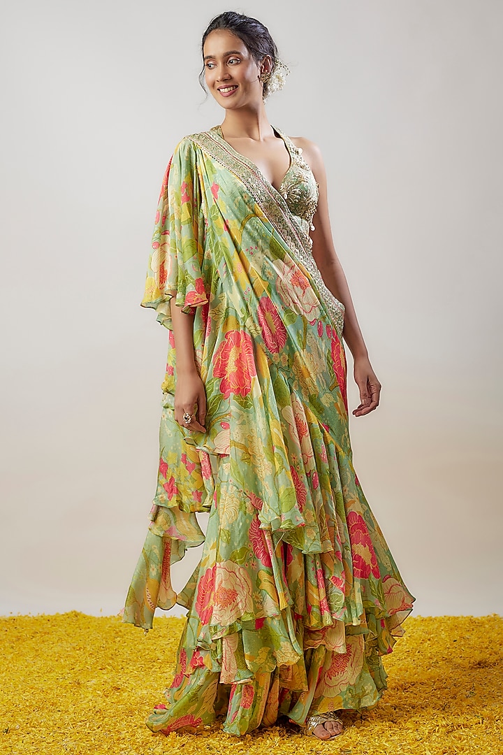 Mint Green Chiffon Floral Printed Ruffled Saree Set by GOPI VAID at Pernia's Pop Up Shop