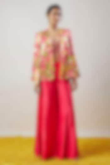 Pink Tussar Floral Printed Cape Blazer Set by GOPI VAID at Pernia's Pop Up Shop