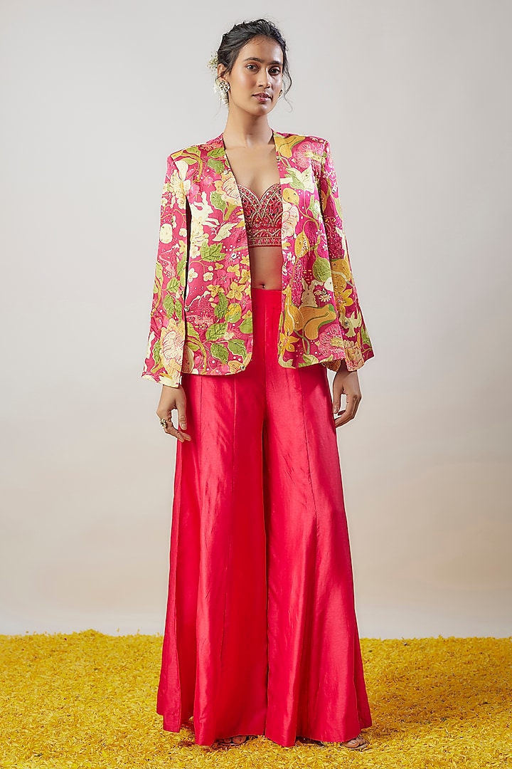 Pink Tussar Floral Printed Cape Blazer Set by GOPI VAID at Pernia's Pop Up Shop