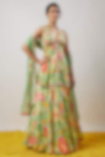 Green Satin Floral Printed Skirt Set by GOPI VAID at Pernia's Pop Up Shop