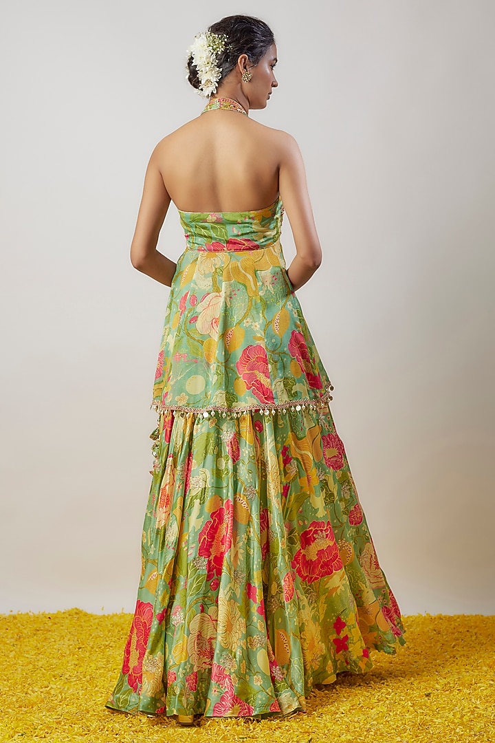 Green Satin Floral Printed Skirt Set by GOPI VAID at Pernia's Pop Up Shop
