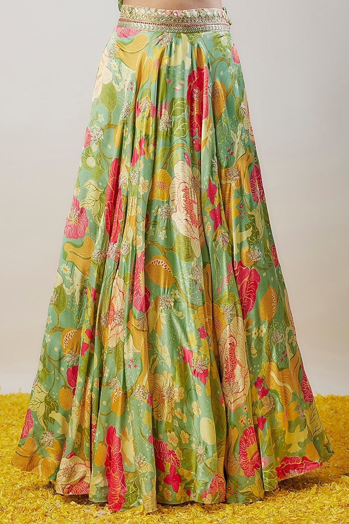 Green Satin Floral Printed Skirt Set by GOPI VAID at Pernia's Pop Up Shop