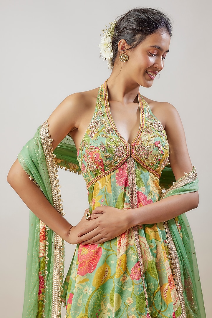 Green Satin Floral Printed Skirt Set by GOPI VAID at Pernia's Pop Up Shop