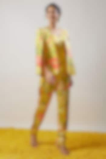 Yellow Satin Printed Jumpsuit With Blazer by GOPI VAID at Pernia's Pop Up Shop