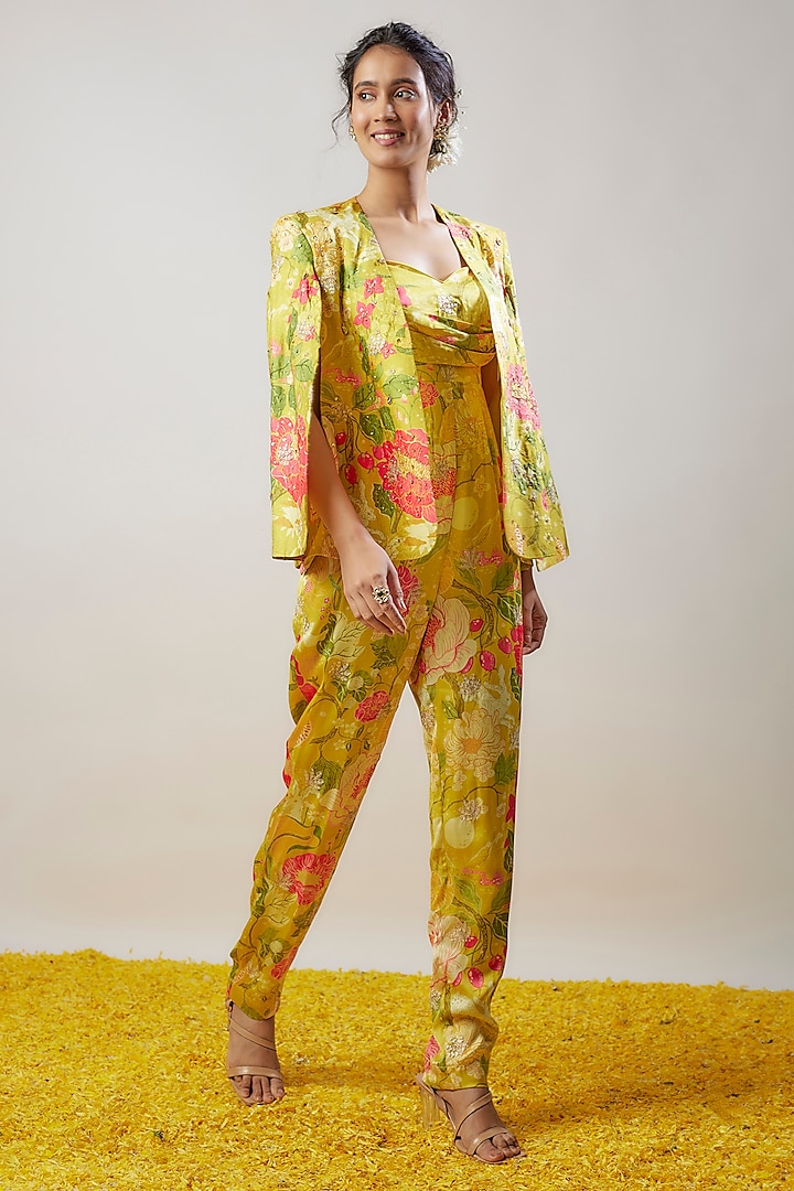 Yellow Satin Printed Jumpsuit With Blazer by GOPI VAID at Pernia's Pop Up Shop