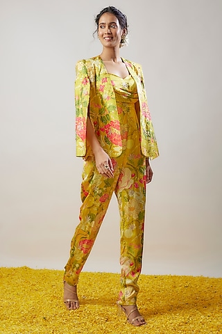 Yellow Satin Printed Jumpsuit With Blazer by GOPI VAID