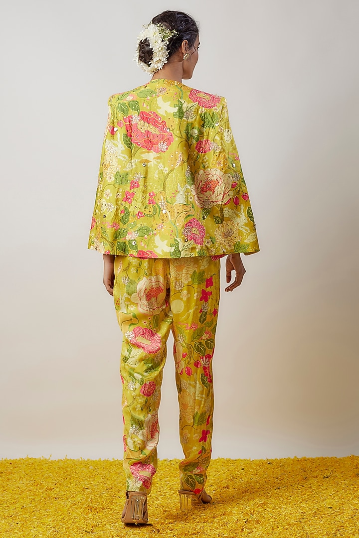Yellow Satin Printed Jumpsuit With Blazer by GOPI VAID at Pernia's Pop Up Shop