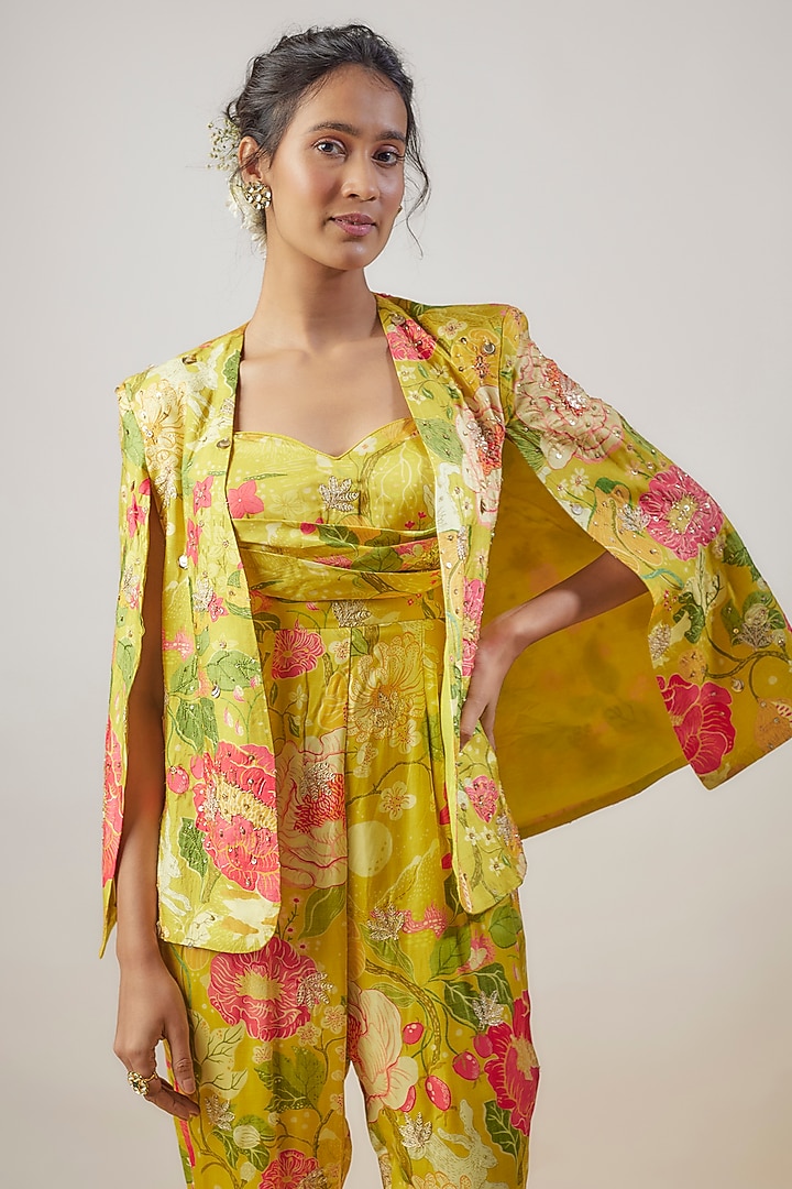 Yellow Satin Printed Jumpsuit With Blazer by GOPI VAID at Pernia's Pop Up Shop