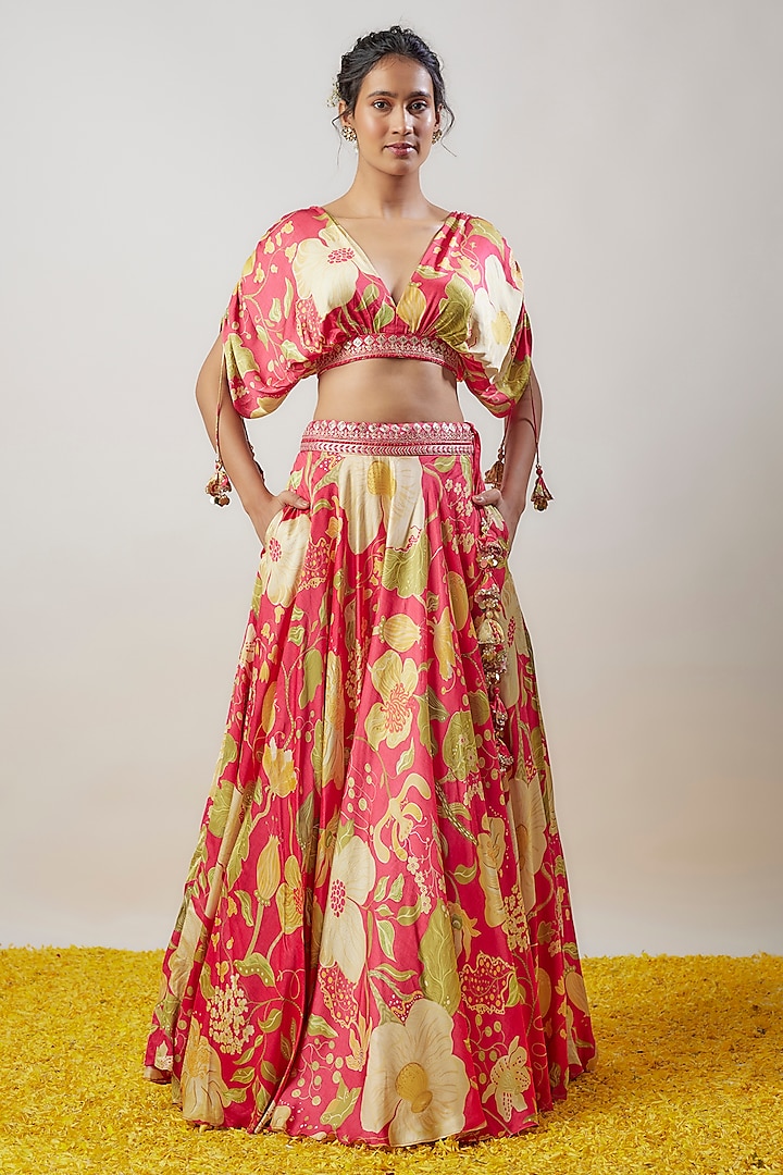 Pink Satin Floral Printed Wedding Lehenga Set by GOPI VAID at Pernia's Pop Up Shop