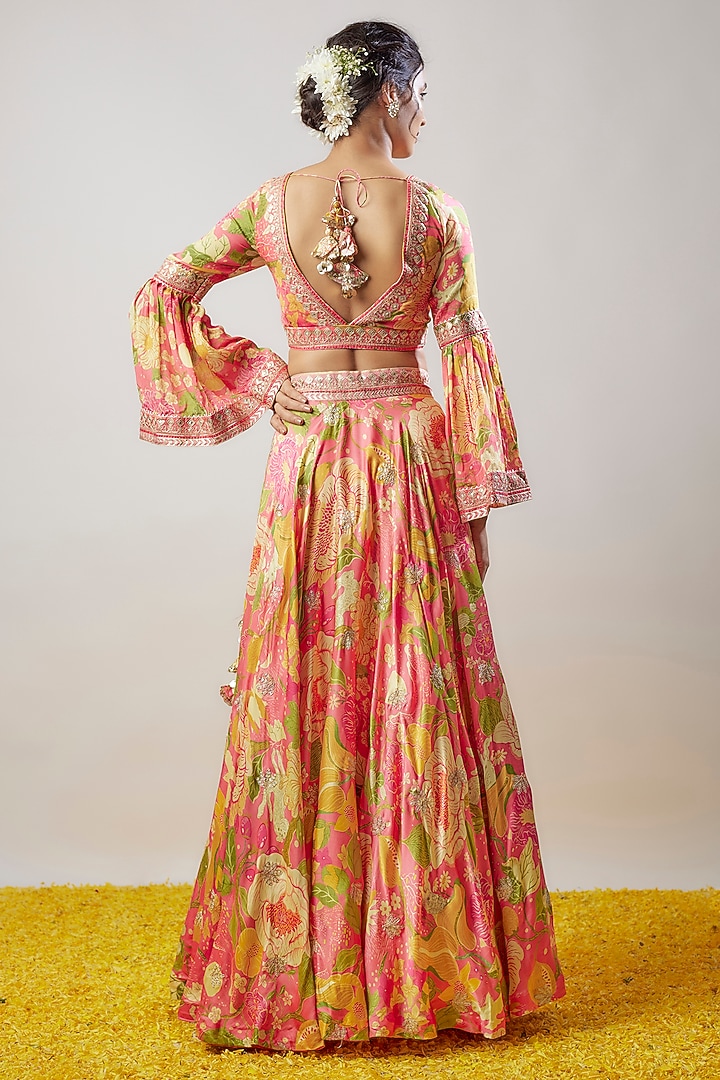 Pink Satin Floral Printed Skirt Set by GOPI VAID at Pernia's Pop Up Shop