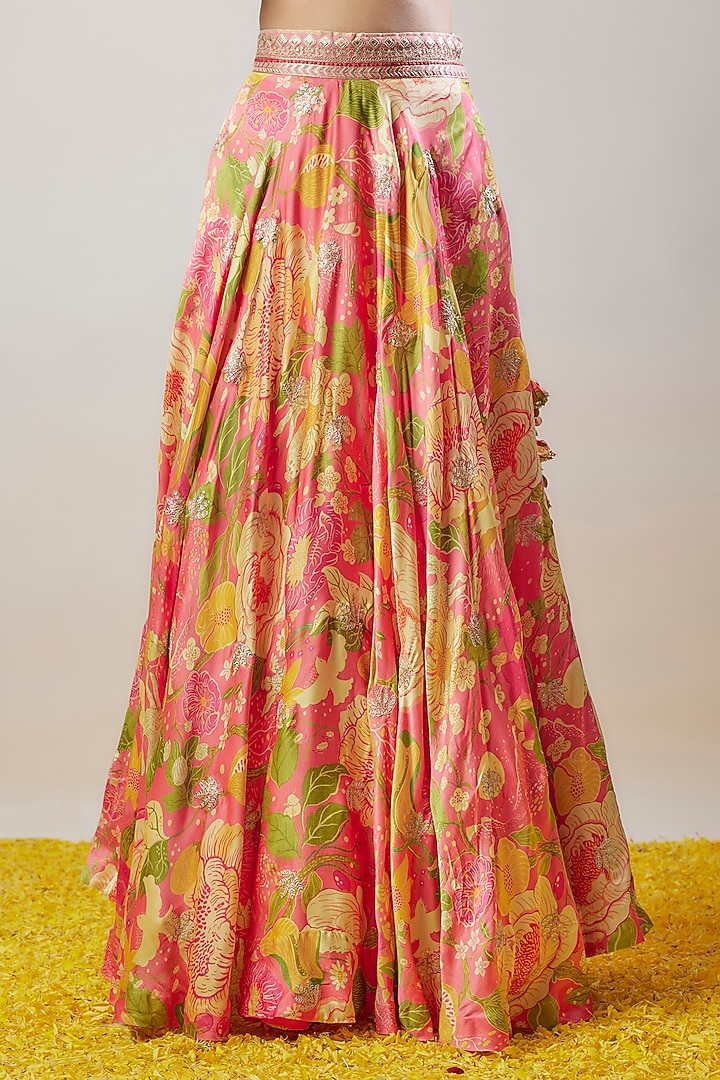 Pink Satin Floral Printed Skirt Set by GOPI VAID at Pernia's Pop Up Shop