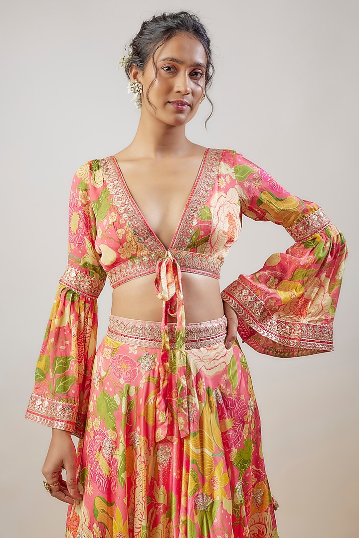 Pink Satin Floral Printed Skirt Set by GOPI VAID at Pernia's Pop Up Shop