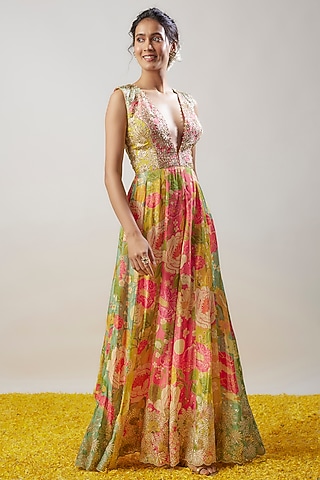 Multi-Colored Chiffon Floral Printed Jumpsuit by GOPI VAID