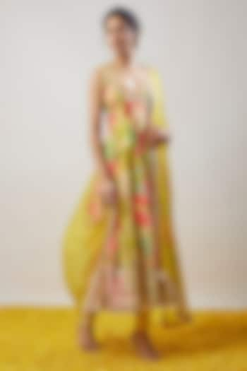 Multi-Colored Chiffon Floral Printed & Embroidered Anarkali Set by GOPI VAID at Pernia's Pop Up Shop