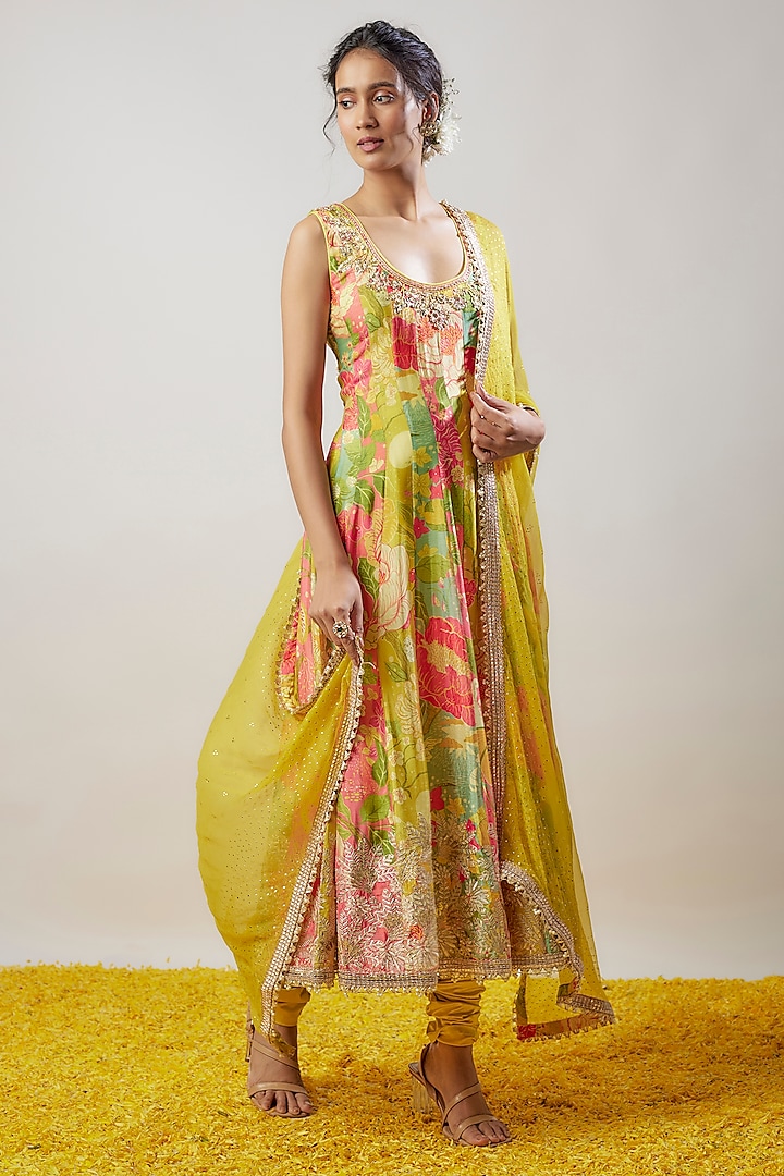 Multi-Colored Chiffon Floral Printed & Embroidered Anarkali Set by GOPI VAID at Pernia's Pop Up Shop