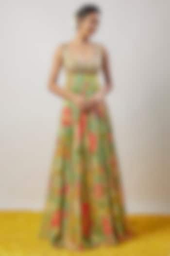 Green Organza Floral Printed & Embroidered Engagement Gown by GOPI VAID at Pernia's Pop Up Shop