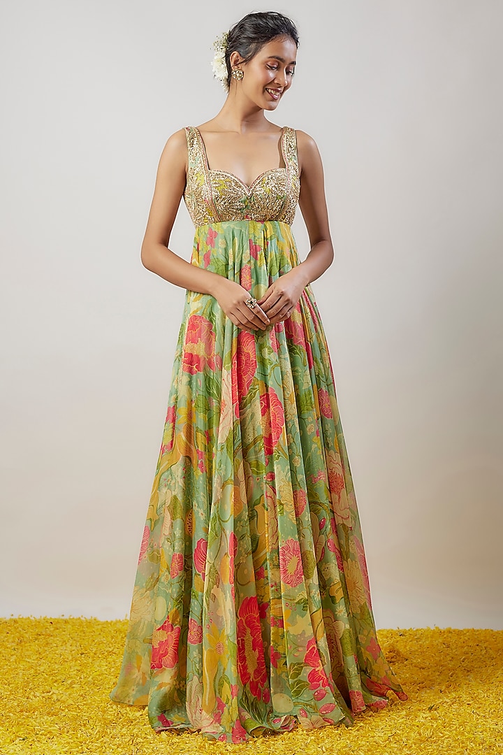 Green Organza Floral Printed & Embroidered Engagement Gown by GOPI VAID at Pernia's Pop Up Shop