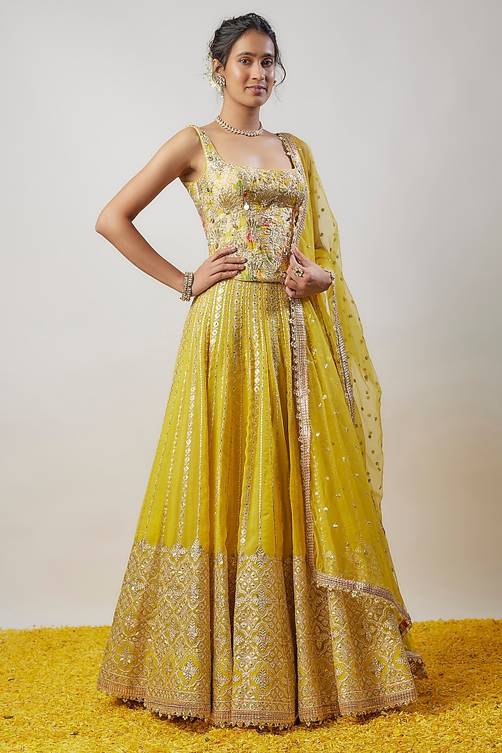 Yellow Tussar Hand & Machine Embellished Wedding Lehenga Set by GOPI VAID at Pernia's Pop Up Shop