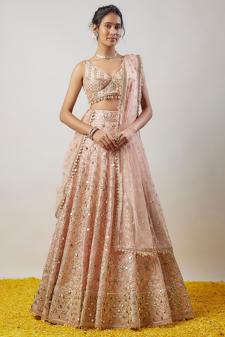 Pink Organza Hand & Machine Embellished Lehenga Set by GOPI VAID