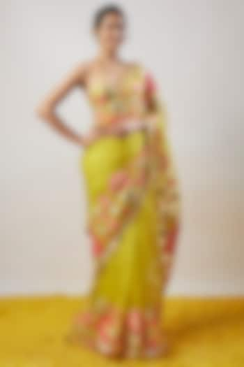 Yellow Organza Hand & Machine Embroidered Saree Set by GOPI VAID