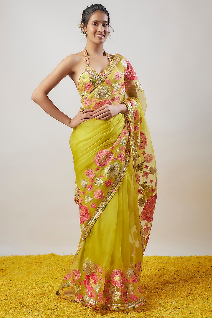 Yellow Organza Hand & Machine Embroidered Saree Set by GOPI VAID