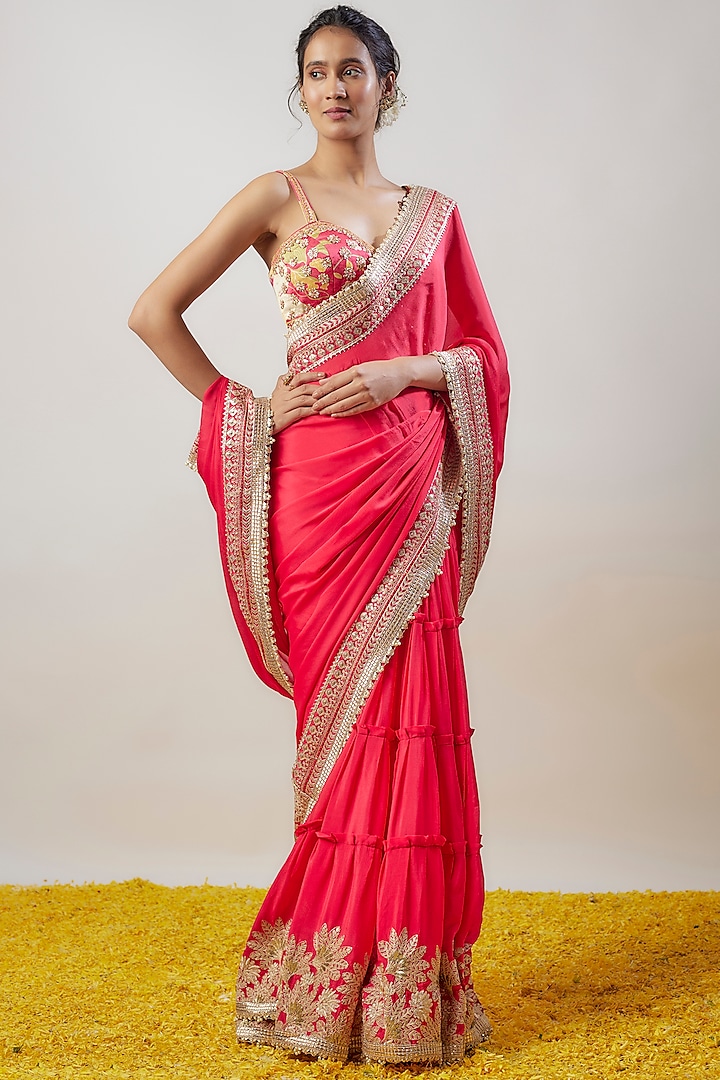 Pink Chiffon Hand & Machine Embroidered Pre-Pleated Saree Set by GOPI VAID