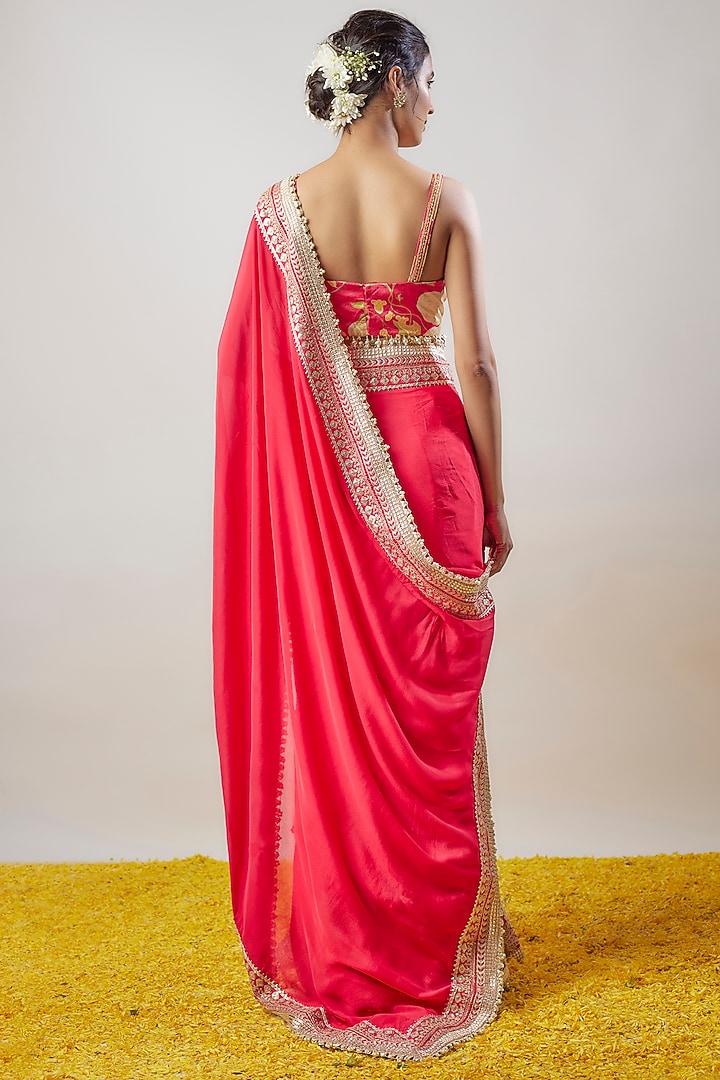 Pink Chiffon Hand & Machine Embroidered Pre-Pleated Wedding Saree Set by GOPI VAID at Pernia's Pop Up Shop