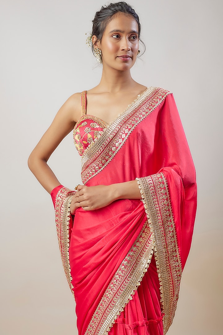 Pink Chiffon Hand & Machine Embroidered Pre-Pleated Wedding Saree Set by GOPI VAID at Pernia's Pop Up Shop
