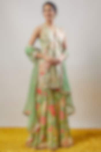 Mint Green Tussar Floral Printed Sharara Set by GOPI VAID