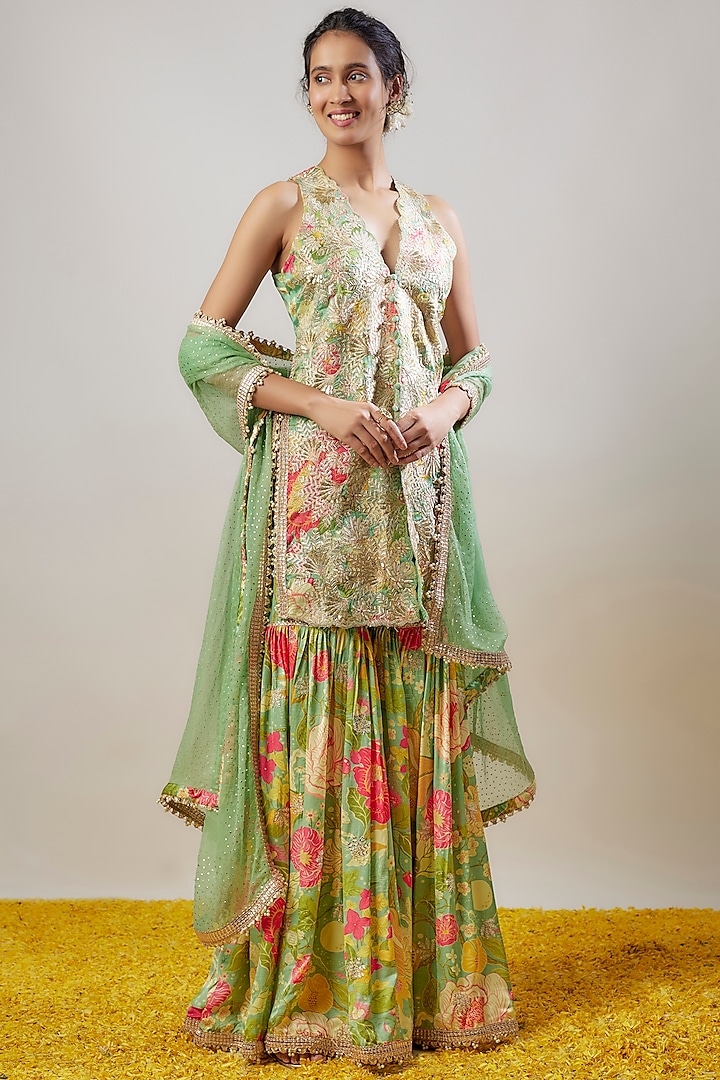 Mint Green Tussar Floral Printed Sharara Set by GOPI VAID