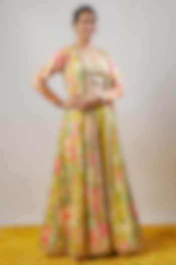 Yellow Tussar Floral Printed Long Cape Set by GOPI VAID