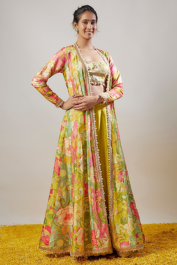 Yellow Tussar Floral Printed Long Cape Set by GOPI VAID