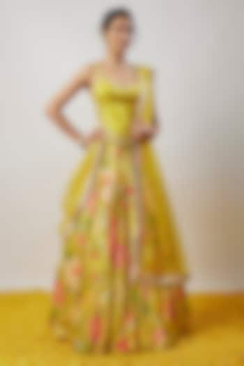 Yellow Satin Floral Printed Lehenga Set by GOPI VAID