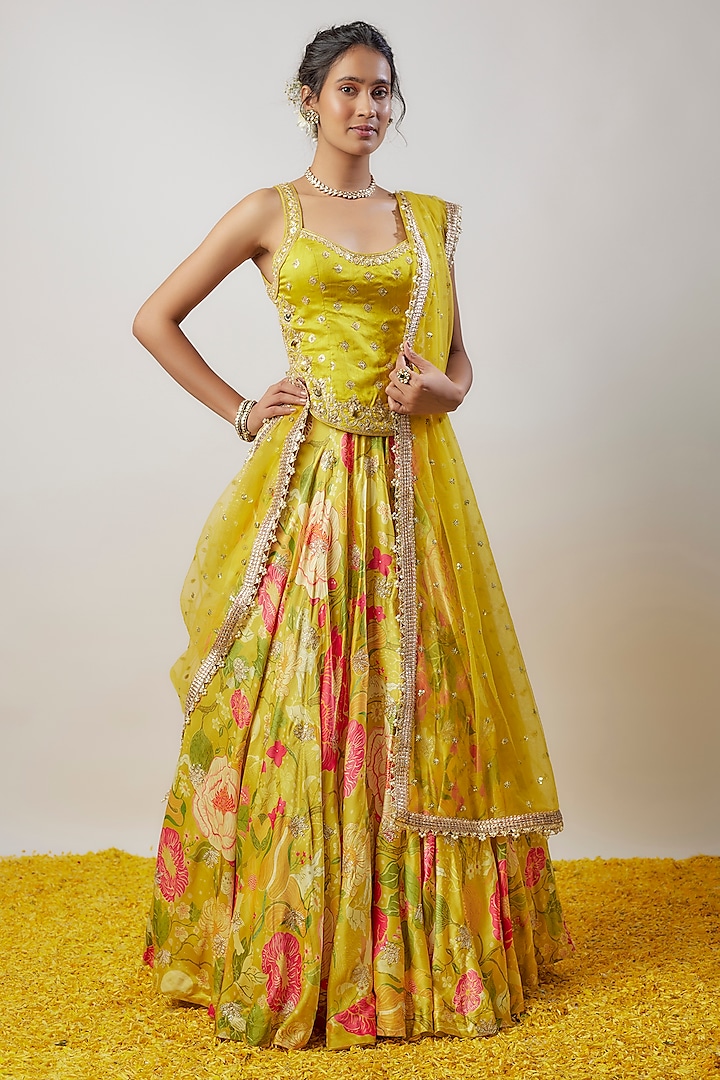 Yellow Satin Floral Printed Lehenga Set by GOPI VAID