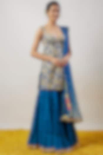 Blue Chiffon Gathered Sharara Set by GOPI VAID