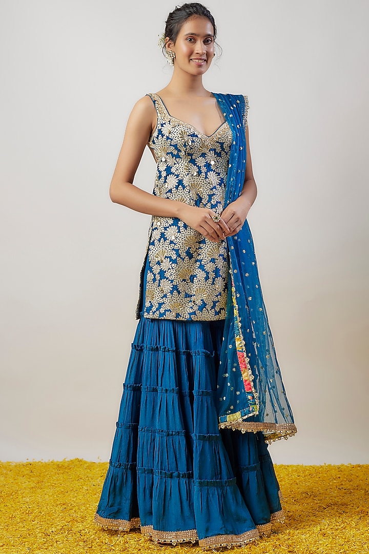 Blue Chiffon Gathered Sharara Set by GOPI VAID