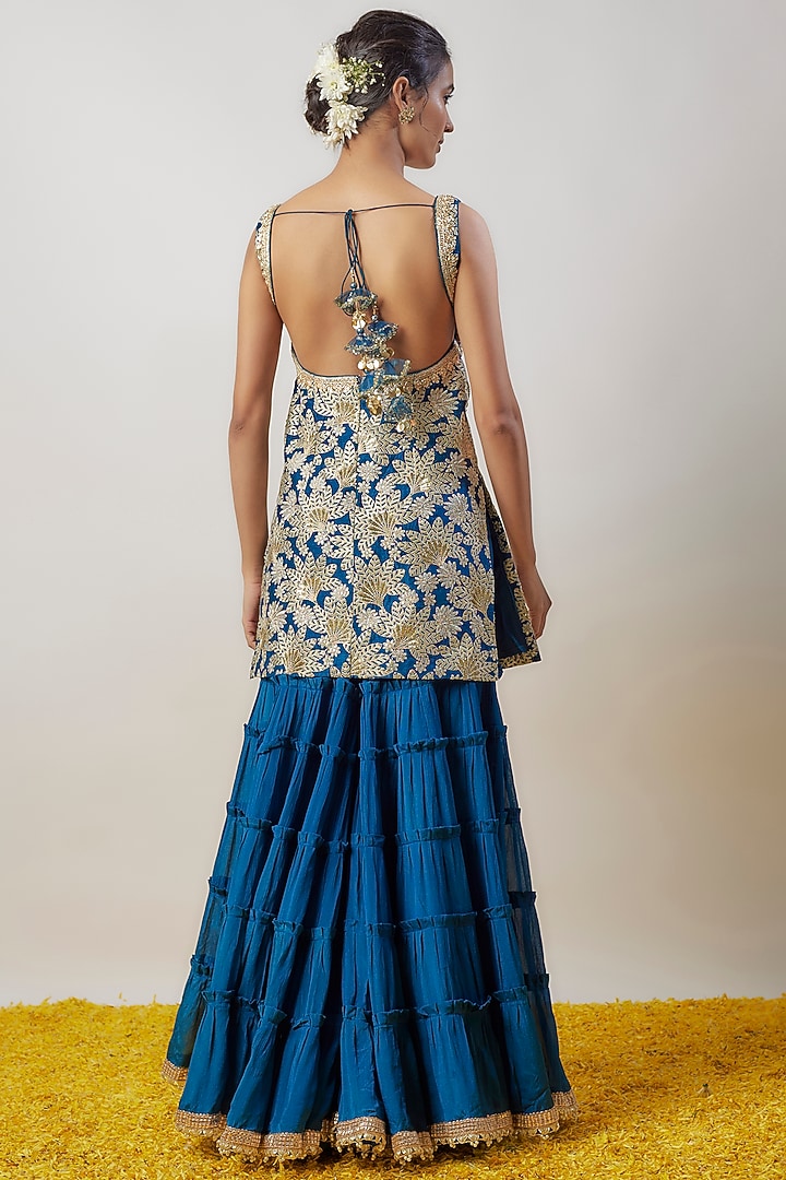 Blue Chiffon Gathered Wedding Sharara Set by GOPI VAID at Pernia's Pop Up Shop