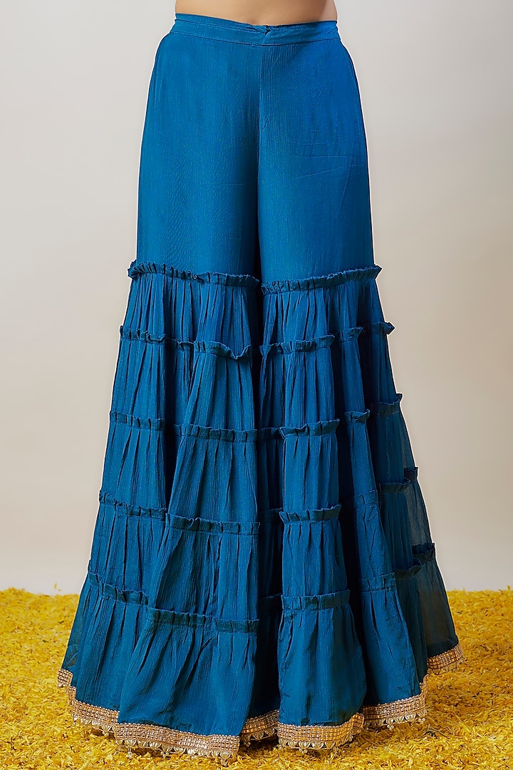 Blue Chiffon Gathered Wedding Sharara Set by GOPI VAID at Pernia's Pop Up Shop
