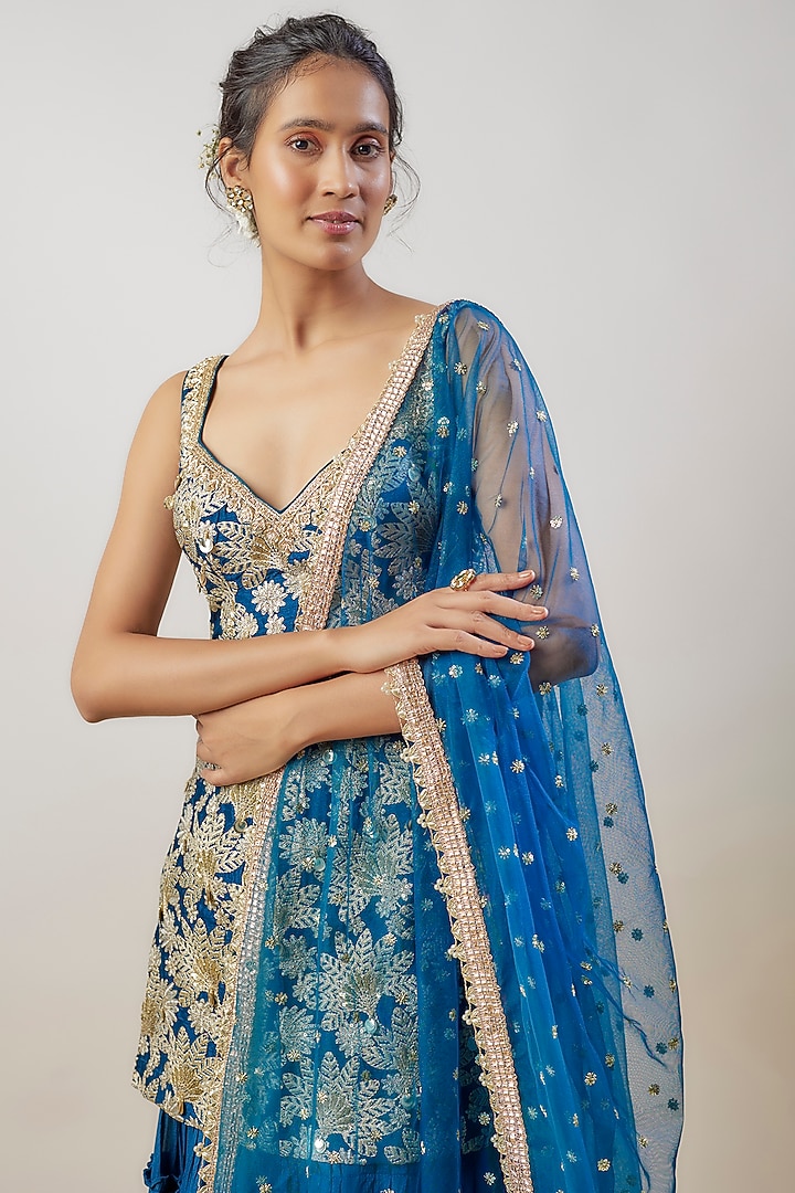 Blue Chiffon Gathered Wedding Sharara Set by GOPI VAID at Pernia's Pop Up Shop