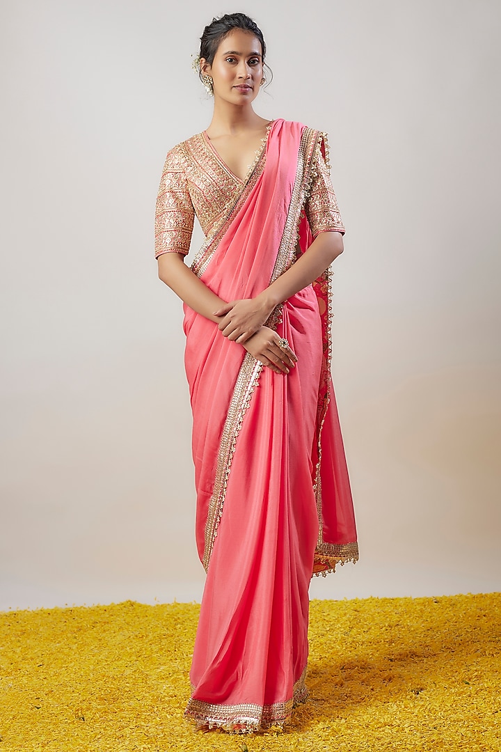 Pink Chiffon Hand & Machine Embroidered Saree Set by GOPI VAID