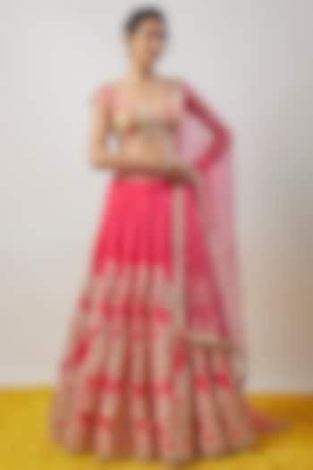 Pink Tussar Hand & Machine Embroidered Wedding Lehenga Set by GOPI VAID at Pernia's Pop Up Shop