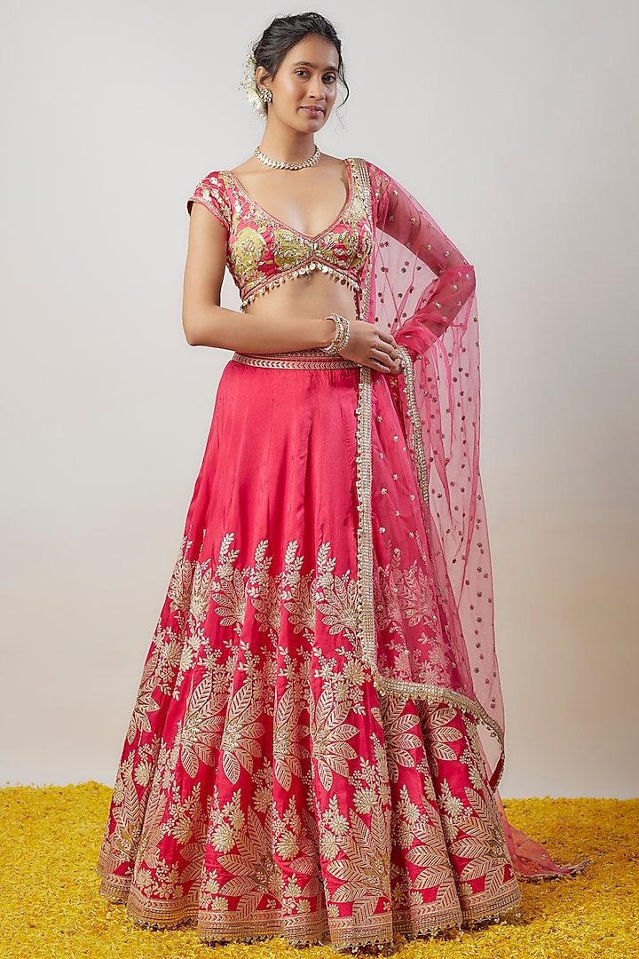 Pink Tussar Hand & Machine Embroidered Wedding Lehenga Set by GOPI VAID at Pernia's Pop Up Shop