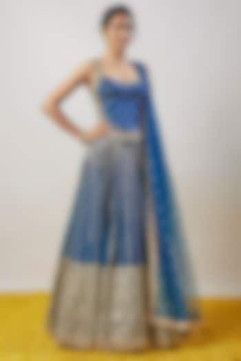 Blue Tussar Hand & Machine Embroidered Wedding Lehenga Set by GOPI VAID at Pernia's Pop Up Shop