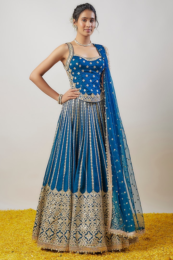 Blue Tussar Hand & Machine Embroidered Wedding Lehenga Set by GOPI VAID at Pernia's Pop Up Shop