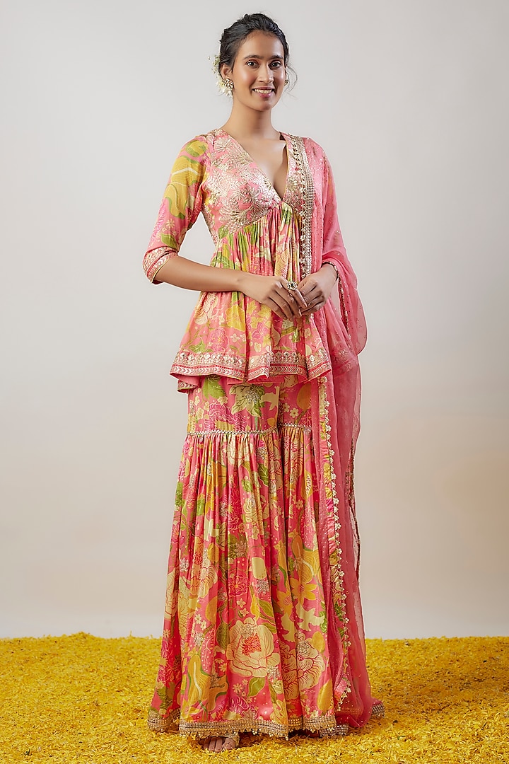 Pink Tussar Printed Sharara Set by GOPI VAID