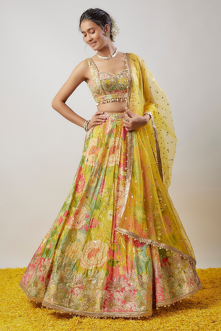 Multi-Colored Chiffon Printed Lehenga Set by GOPI VAID